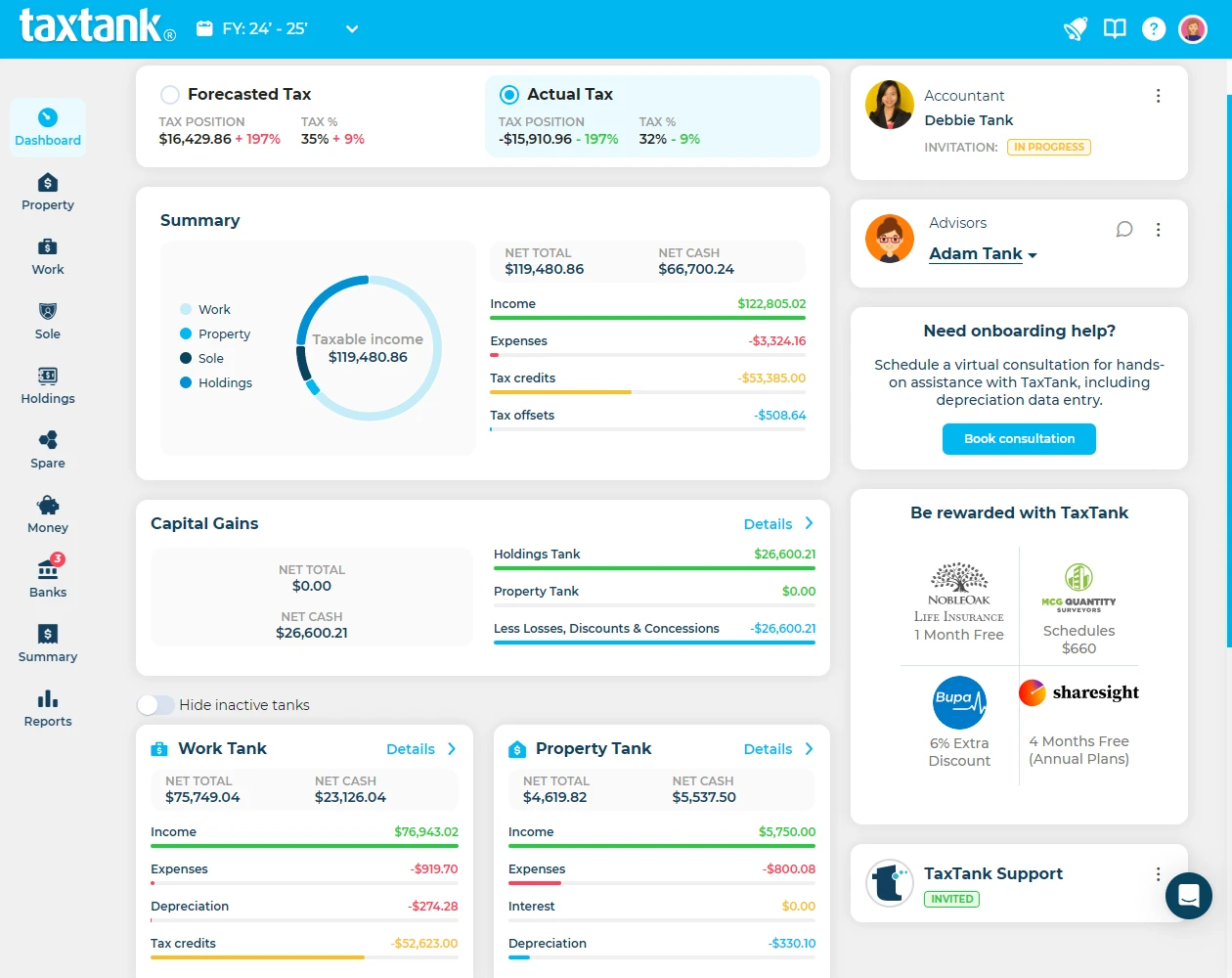 Screenshot of TaxTank Dashboard - alternative to Microsoft Money