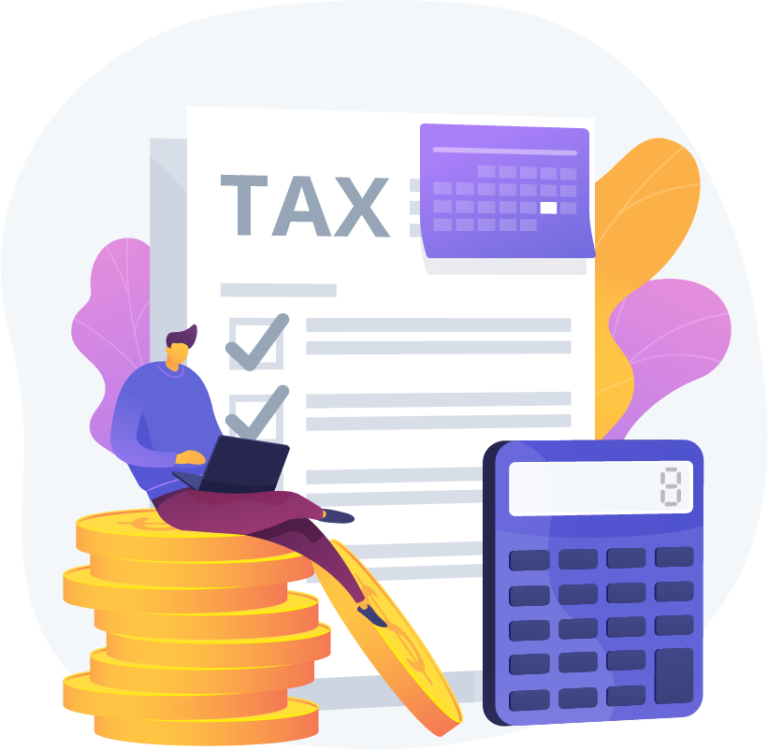 Illustration of a tax accountant sitting on gold coins and preparing a tax return