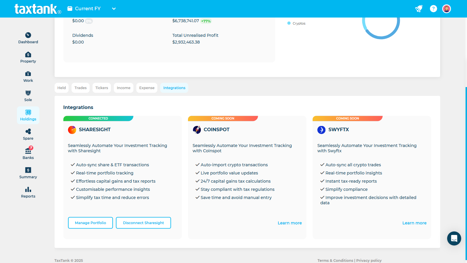 Screenshot of Sharesight integration in TaxTank