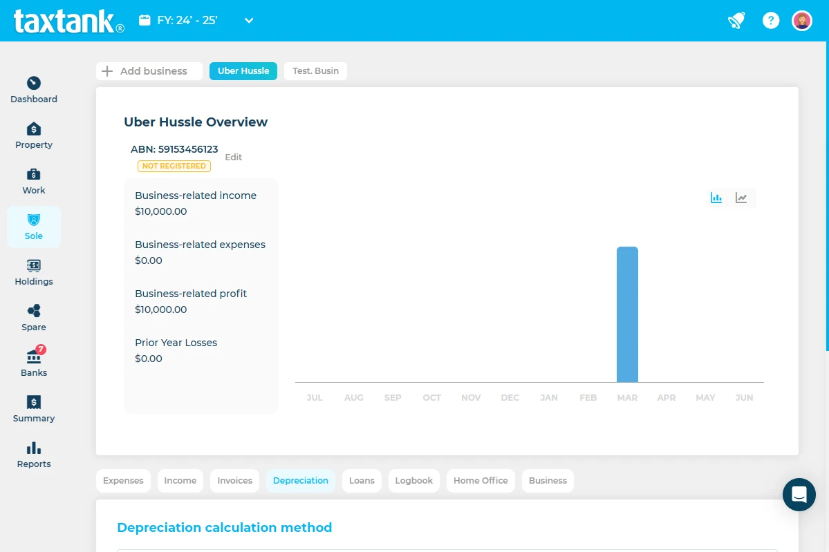 Screenshot of TaxTank's Dashboard - Australian Accounting Software for Sole Traders