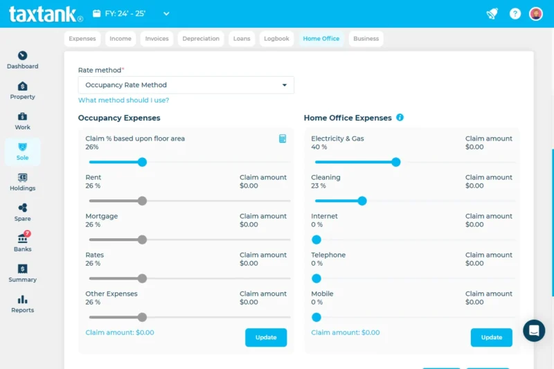 Screenshot of TaxTanks' Home office diary which makes work-related deductions easy to manage