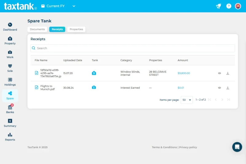 Spare Tank houses all tax receipts