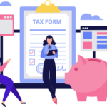 Illustration of women with tax form, clipboard in hand and a large pig money bank next to her and another woman