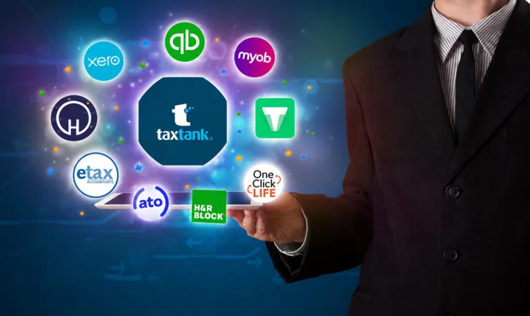 Tax Software Logos hovering over Ipad and man standing to the right