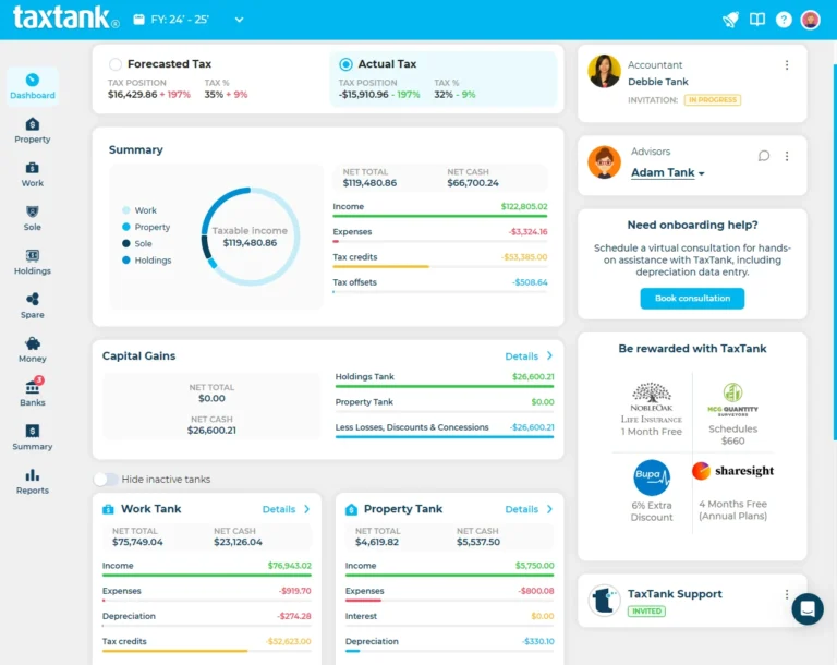 Tax and personal finance software dashboard showing income, expenses and estimated tax position