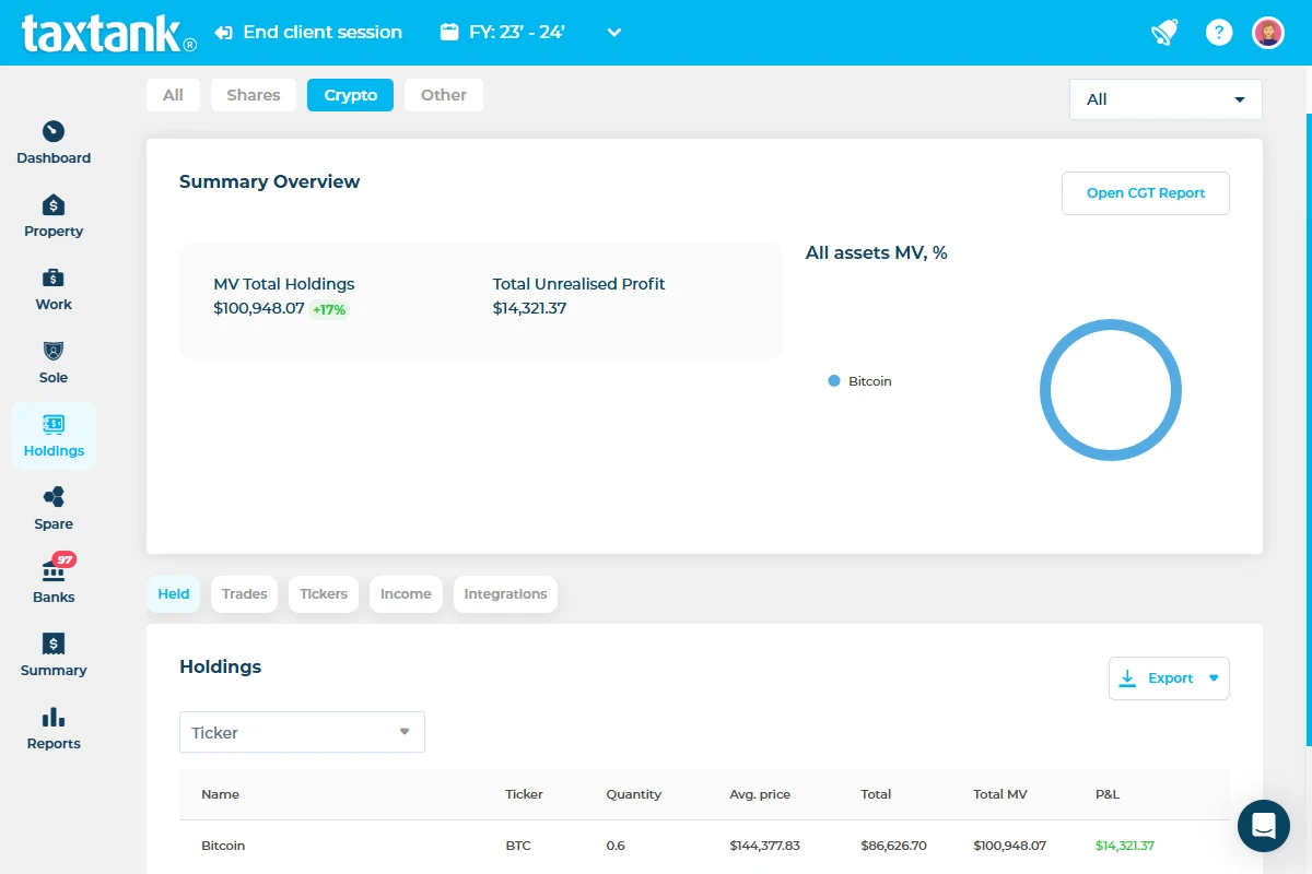 TaxTank's dashboard for Crypto Tax Calculations.