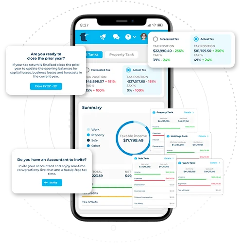 Screenshot of TaxTank's dashboard showing the tax software features, including incomes, expenses and total tax summary.