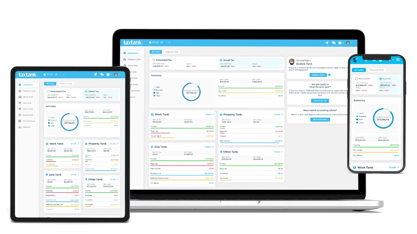 TaxTank dashboard is shown on multiple devices, including laptop, tablet and iphone