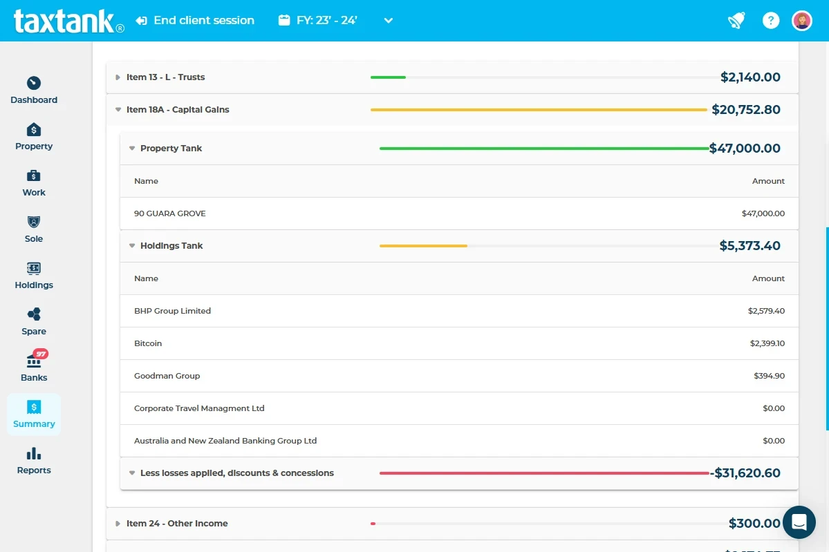 Screenshot of TaxTank's automated capital gains tax calculator live summary