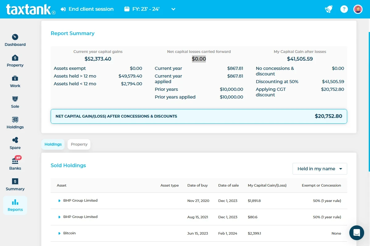 Screenshot of TaxTank's automated capital gains tax calculator report with different asset classes