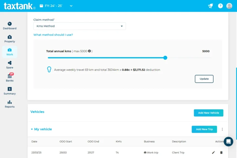 Screenshot of TaxTank's vehicle logbook so you can manage your work related vehicle expenses