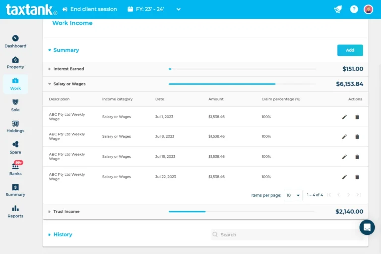Screenshot of TaxTank where you can track work expenses and tax deductions easily