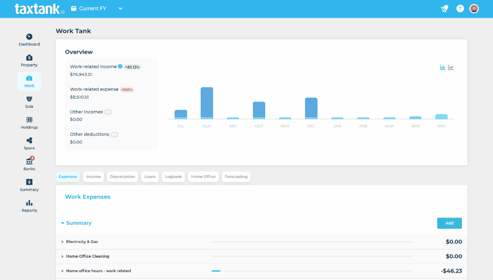 Gif video showing TaxTank dashboard for managing work income and expenses