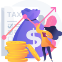 Illustration of a woman with a bag of money, coins and paperwork that says tax