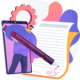 Illustration of man with large pen writing on note pad