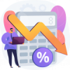 Illustration of man with calculator and laptop with a large arrow indicating a loss