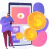 Illustration of man with large phone and gold coins