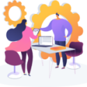Illustration of a man and woman handing paperwork to each other.