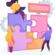Illustration of two people putting puzzle pieces together. The woman has a laptop in her hand