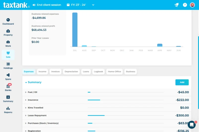 Screenshot of TaxTank's sole tank that captures all income and expenses to ensure ATO compliance