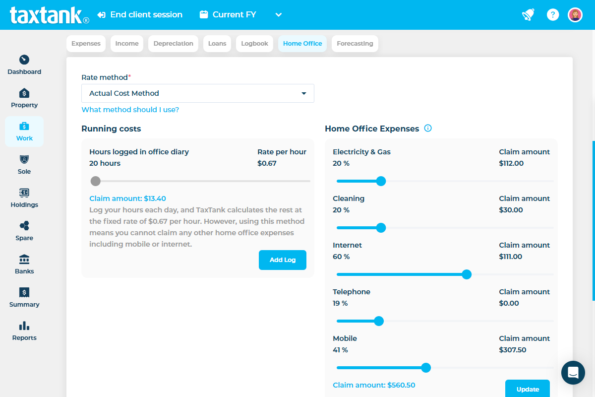 Screenshot of Australia's first digital home office diary that lets you claim your home office deductions effortlessly