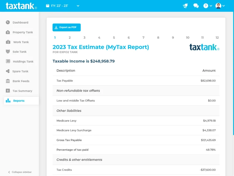 TaxTank's myTax report