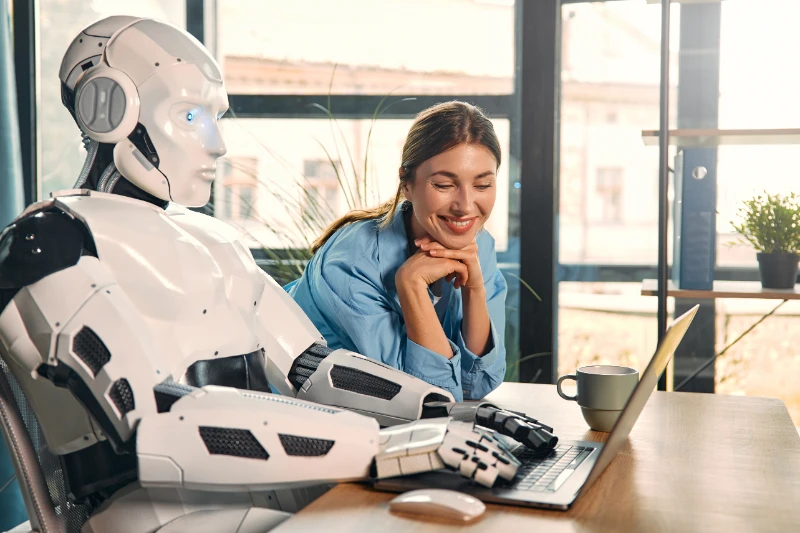 Woman Smiling with AI tax agent robot