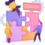 Illustration of two people putting puzzle pieces together. The woman has a laptop in her hand